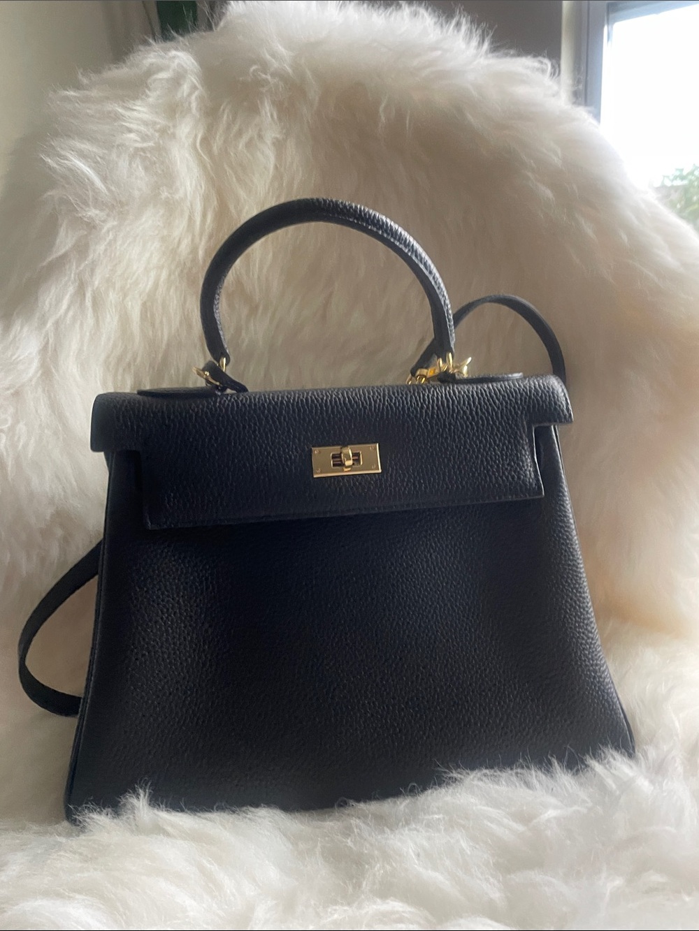 Classic Black Top-Handle Leather Tote with Gold Hardware